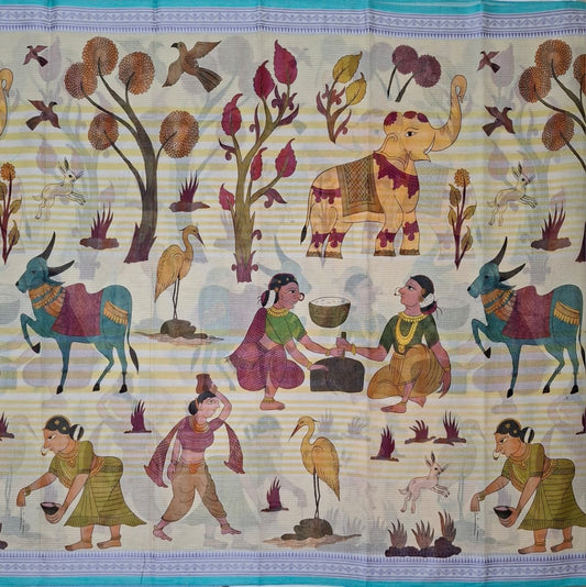 Kalamkari Beige Base-Lavender border Khadi Cotton with Digital Print
