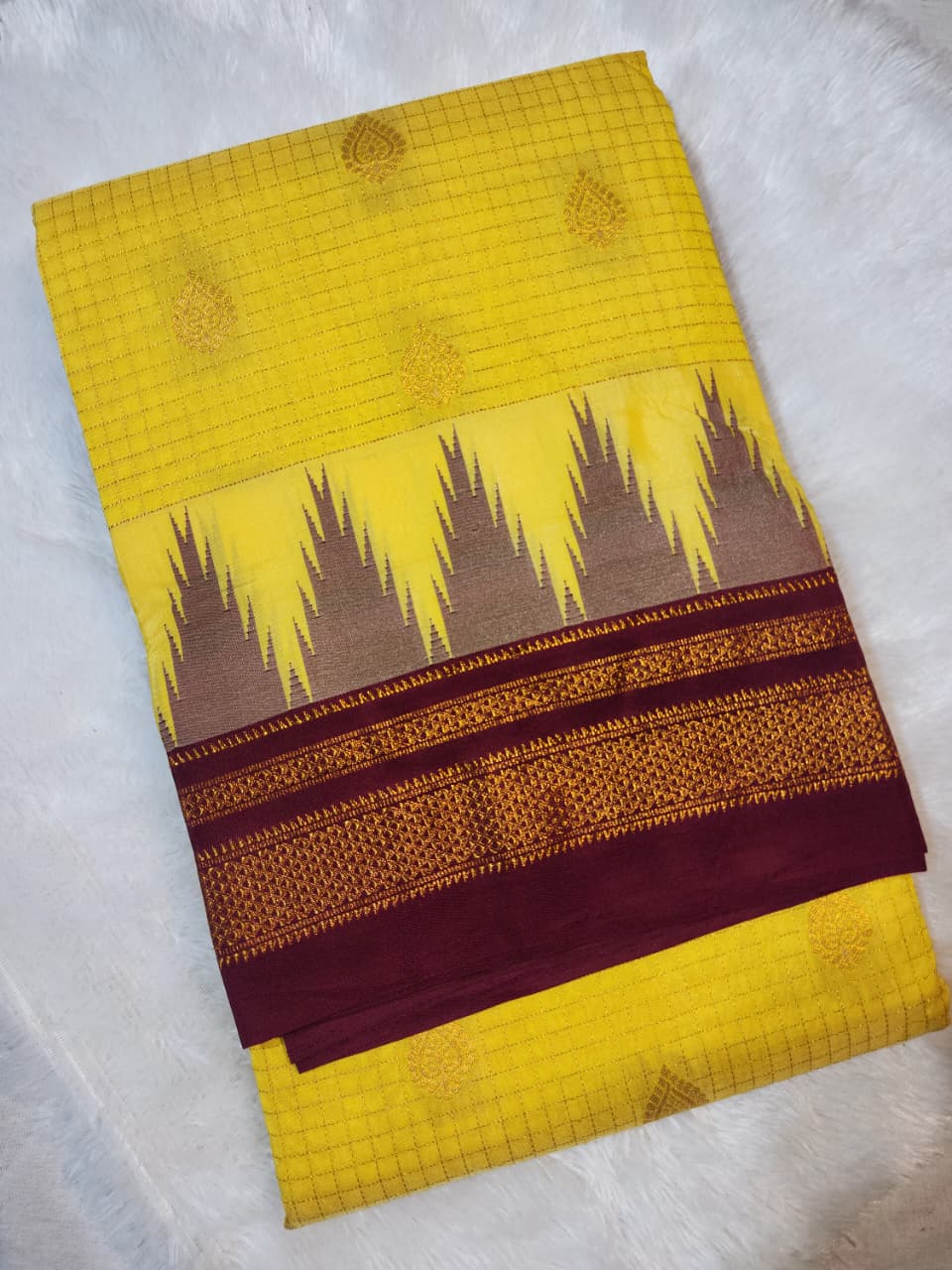 Sunshine Yellow Ilkal Checks Butta Saree with Maroon Zari Border
