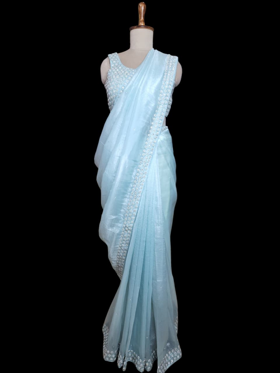 Sky Blue  Saree with Pearl Embroidered Blouse