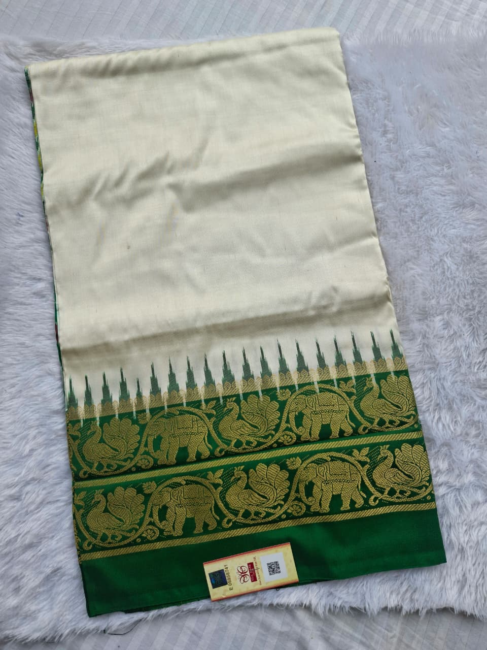 White-Green Plain Handloom Pochampally pure silk with Ikkat design blouse