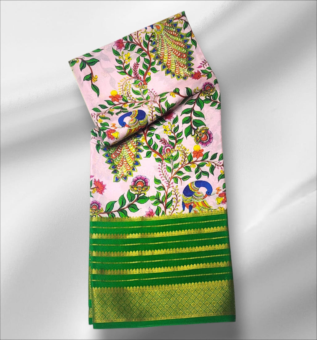 Mysore Silk Saree in Light Pink with Botanical & Peacock Print and Green Zari Border