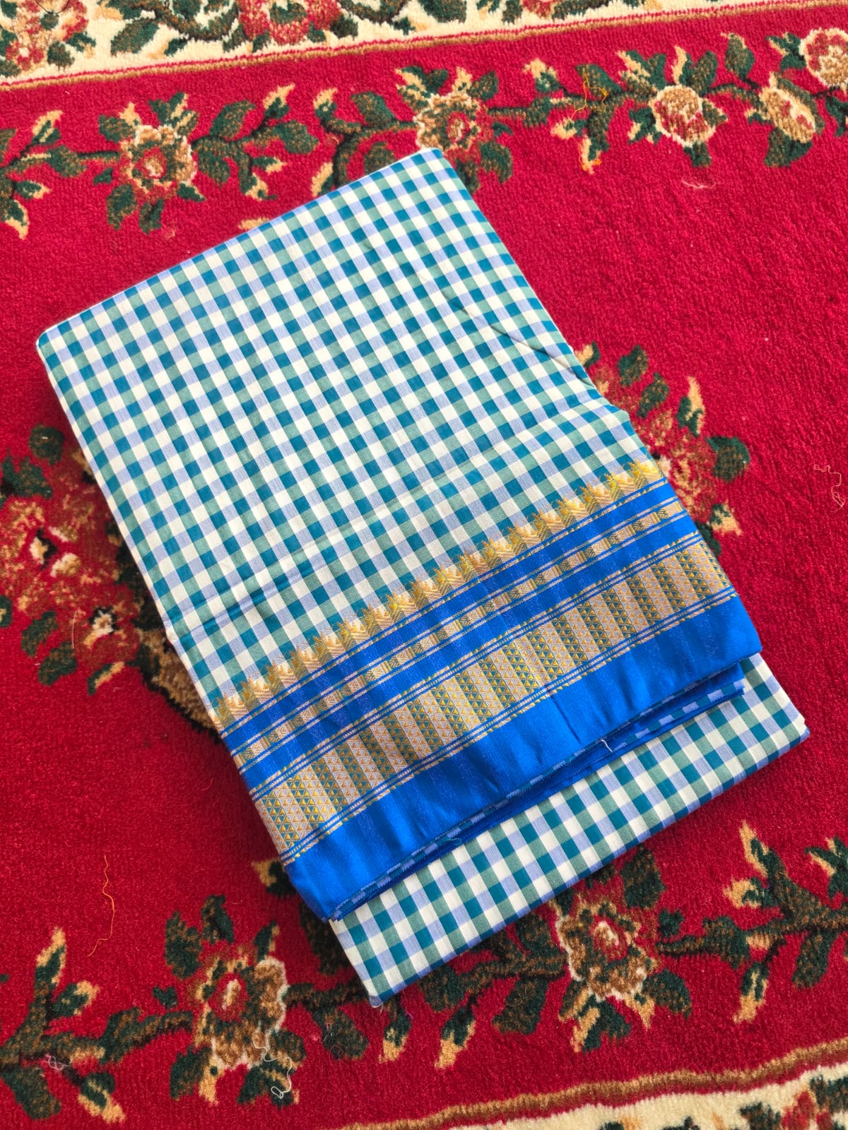 Classic light blue & White Ilkal Mini Checks Saree