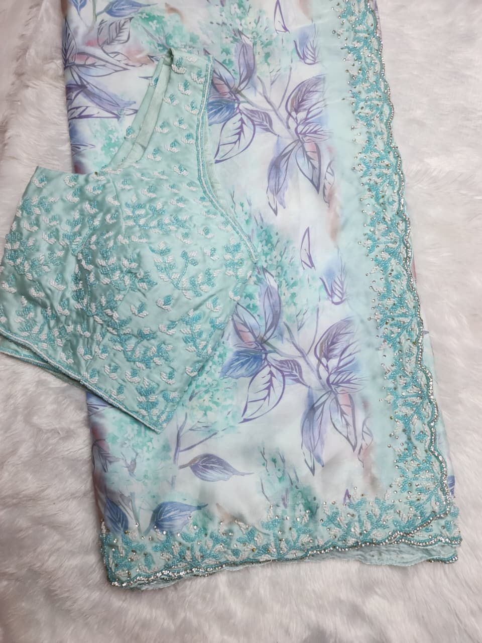 Pastel Blue Floral Party Wear Saree – Soft Elegance Edition