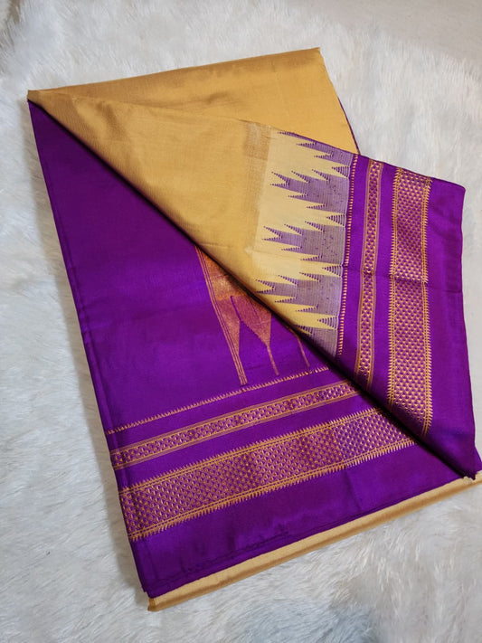 Beige Gold Plain Ilkal Silk with Big Temple Border