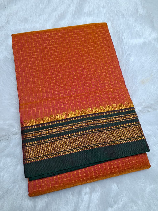 Sunset Orange Mini Checks Ilkal Meera Saree with Deep Bottle Green Border