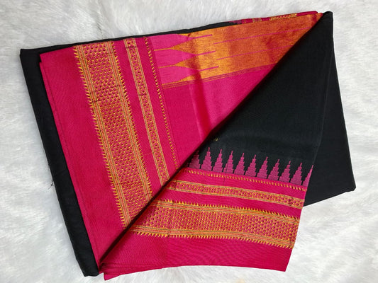 Classic Black Mini Gadwal Ilkal Saree with Rani Pink Chikki Paras Border