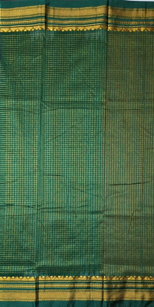 Sunset Orange Mini Checks Ilkal Meera Saree with Deep Bottle Green Border