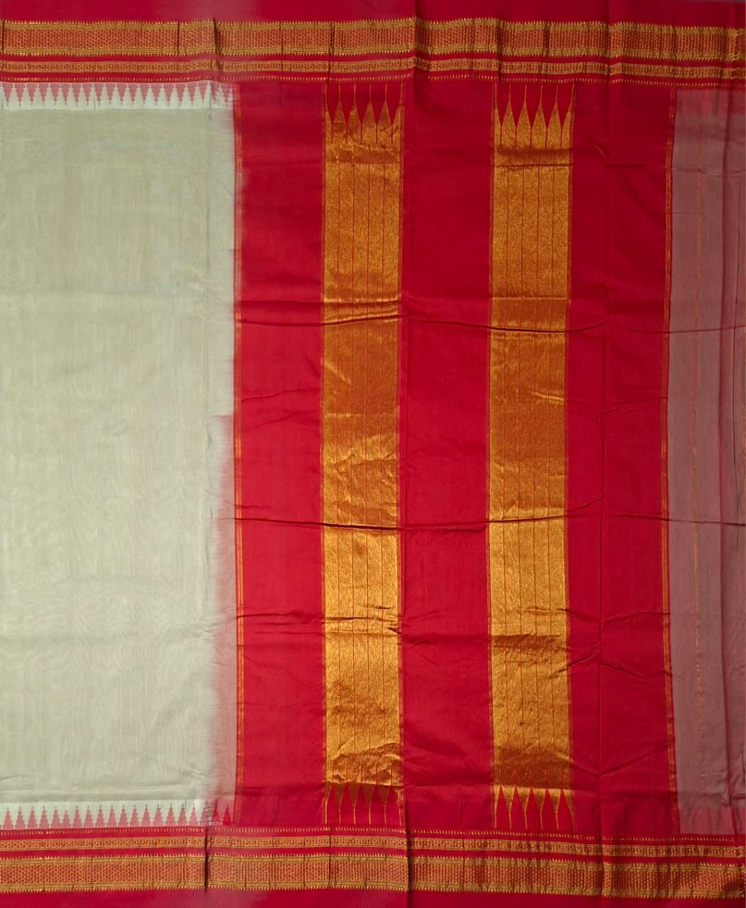 Sand Beige Mini Gadwal Ilkal Saree with Vermilion Red Chikki Paras Border