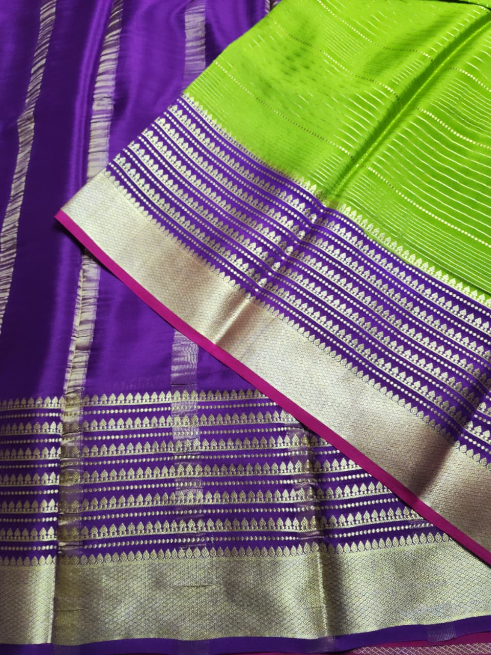 Parrot Green Mysore Silk Saree with with purple and pink border