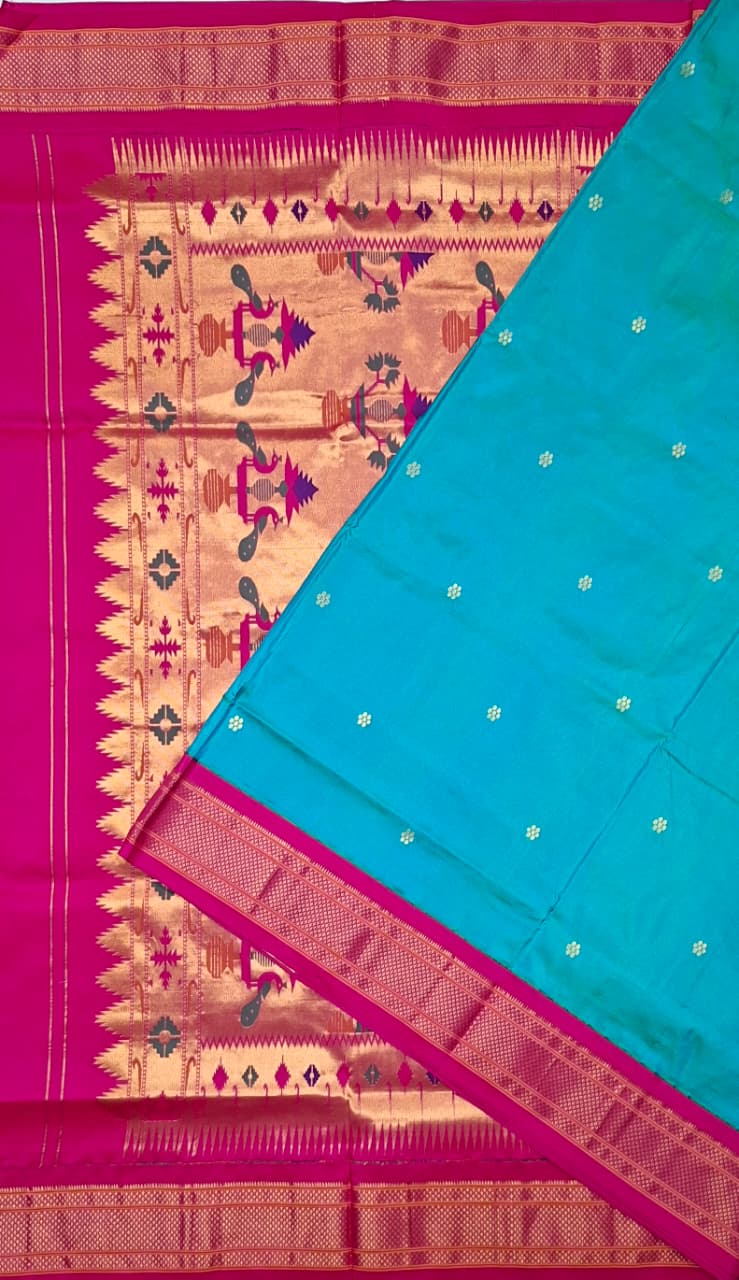 Turquoise Blue Paithani Silk with Flower Motifs