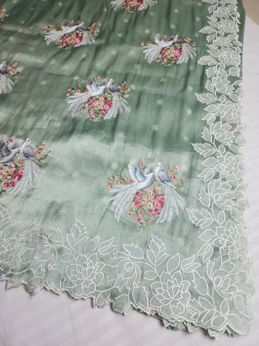 Mint Green  Tissue Organza Embroidered Party Wear Saree