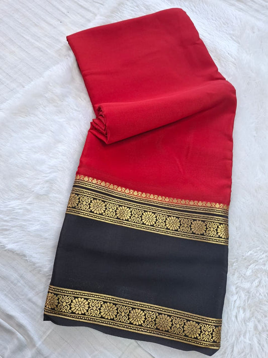 Red Black Mysore Crepe Silk with black bentex flower border