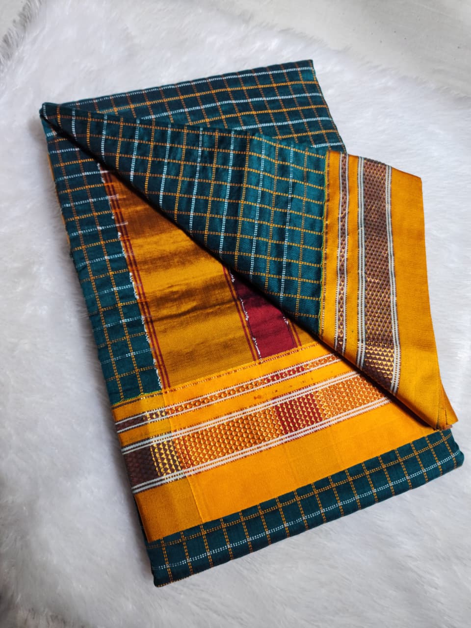 Deep Green Double Checks Ilkal Cotton Saree with Mustard Zari Border