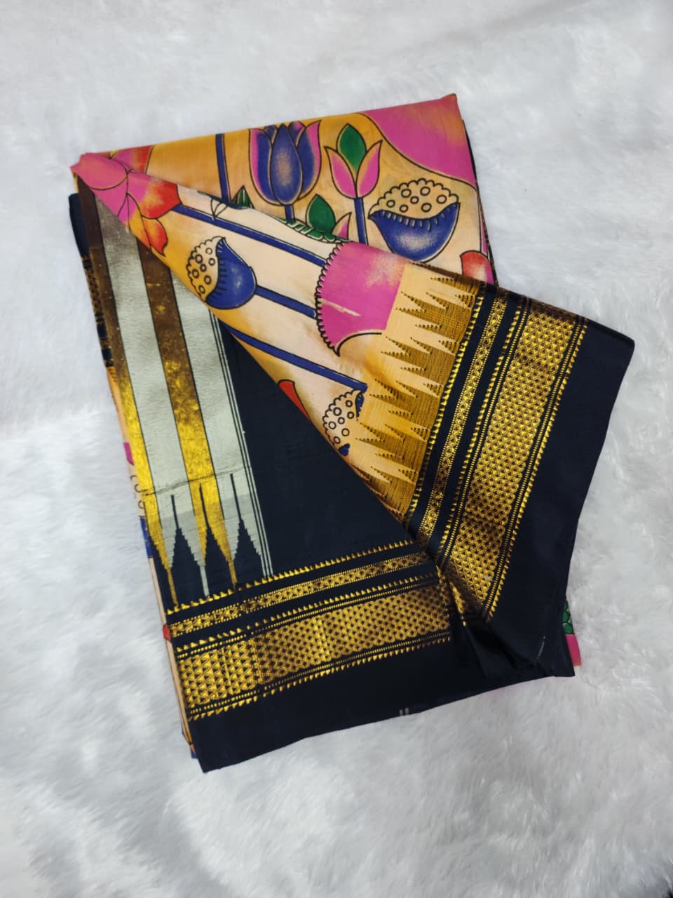Golden Lotus print Ilkal–Kalamkari Fusion Saree