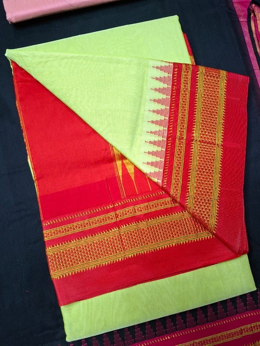 Pastel Pistachio Green Mini Gadwal Ilkal Saree with Vermilion Red Chikki Paras Border