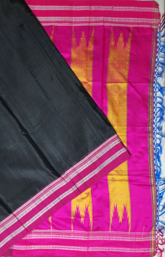 Black-pink Gayathri Border Ilkal Viscose Saree