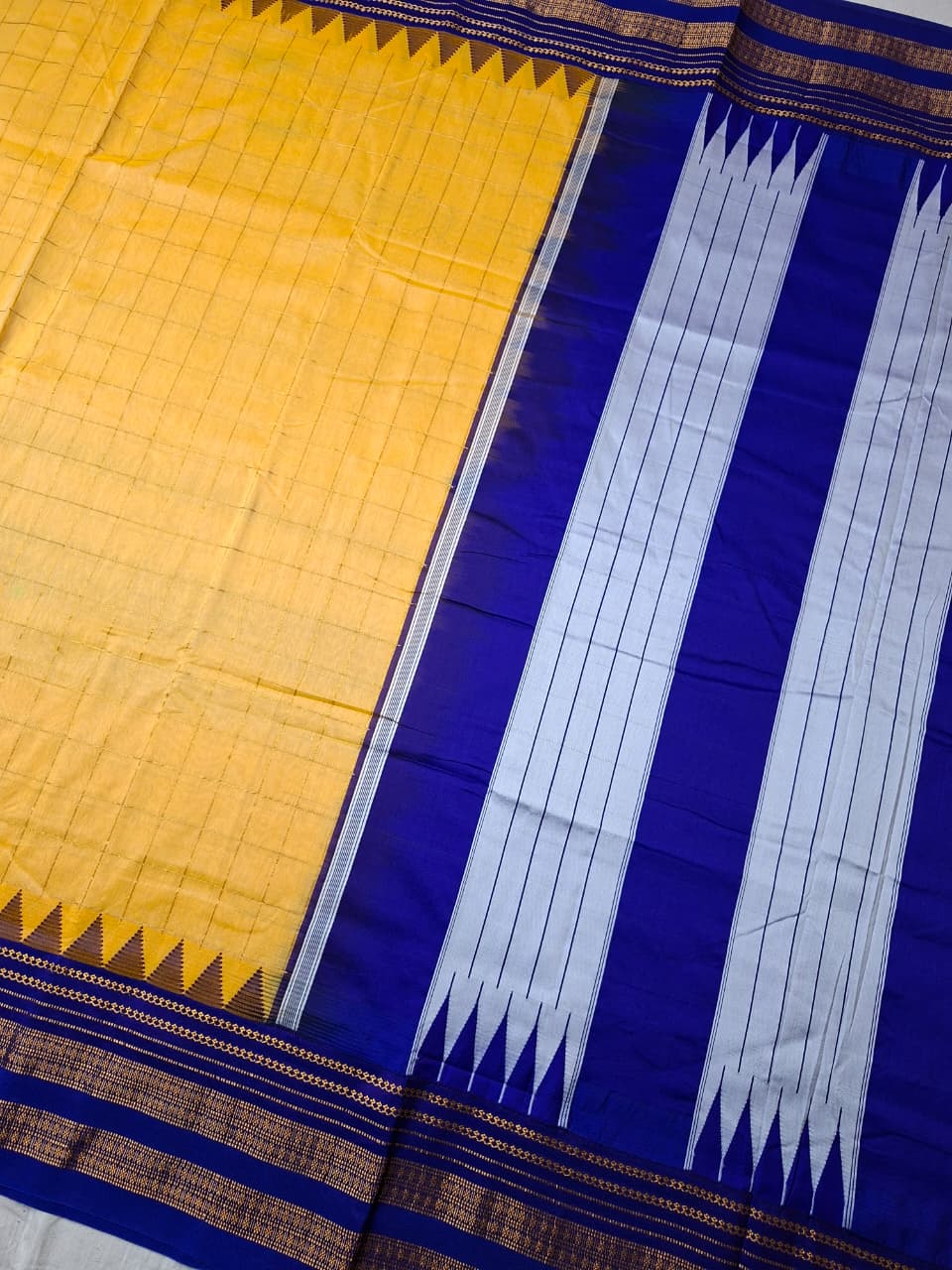 Mustard Yellow Big Checks Ilkal Saree with Royal Blue Big Border