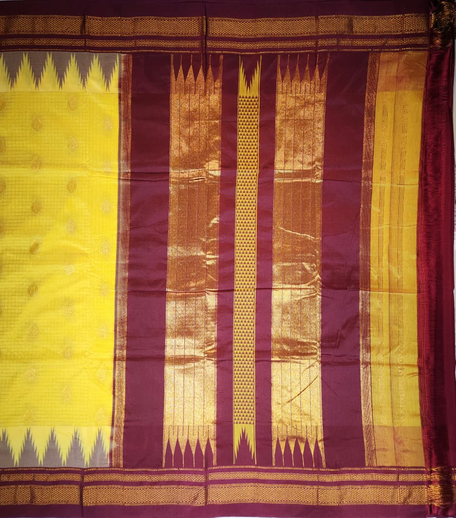 Sunshine Yellow Ilkal Checks Butta Saree with Maroon Zari Border