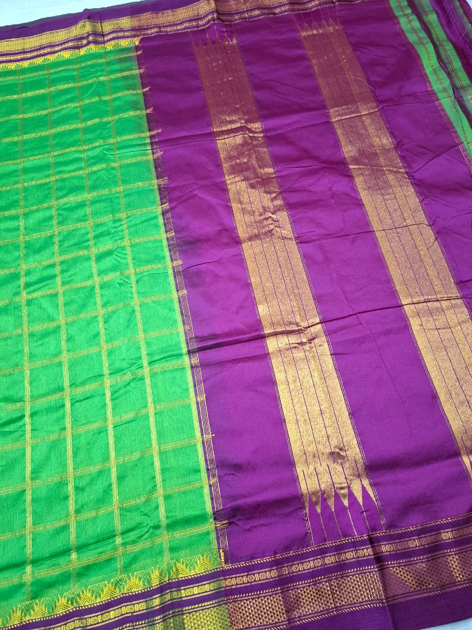 Parrot Green & Purple  Big Jari Checks Ilkal Saree