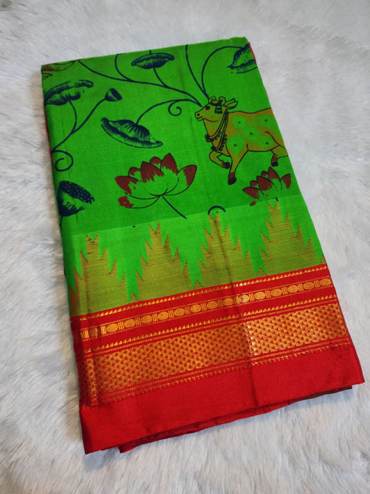 Parrot Green Ilkal–Kalamkari Floral print Fusion Saree