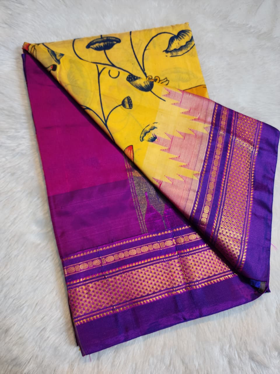 Warm Mustard-Yellow Ilkal–Kalamkari Floral print Fusion Saree