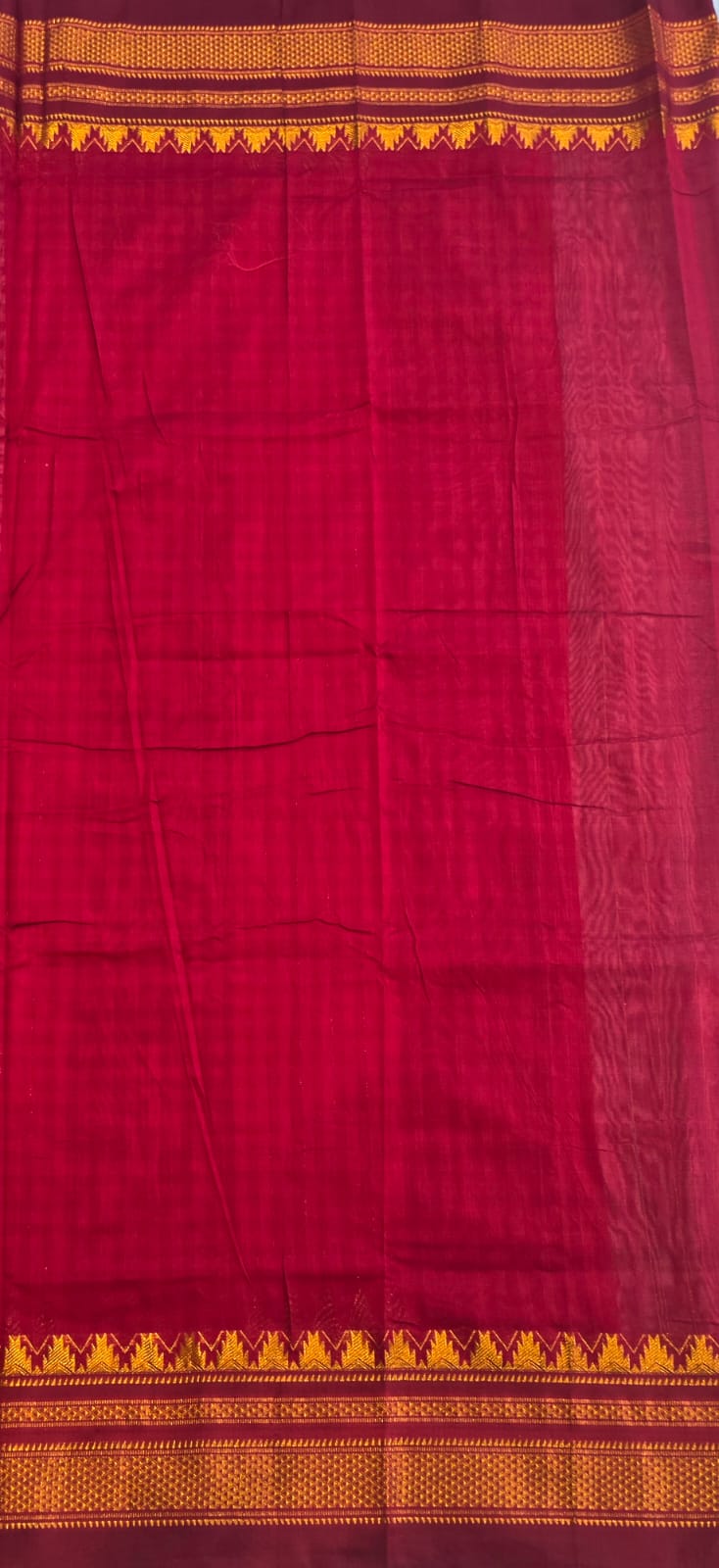 maroon and White Ilkal mini Checks Saree with Rich Pallu