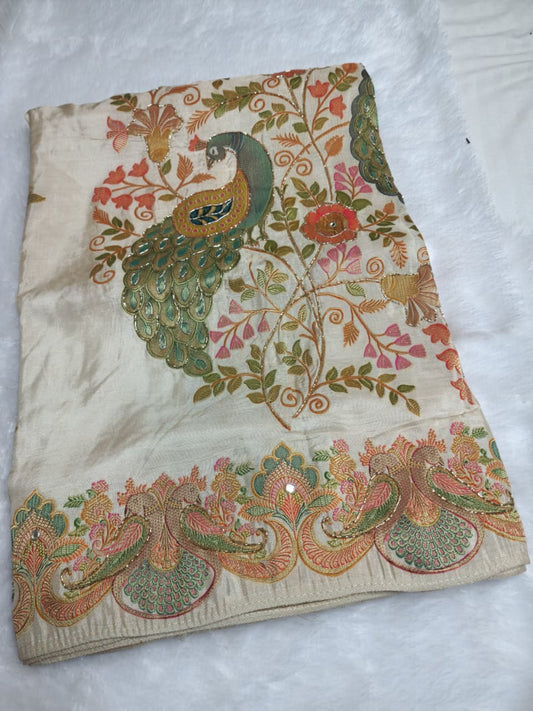 Elegant Zardosi Embroidered Silk Saree in soft ivory-beige base