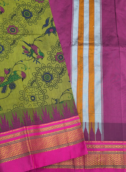 Green Kalamkari Cotton Saree with pink Zari Border