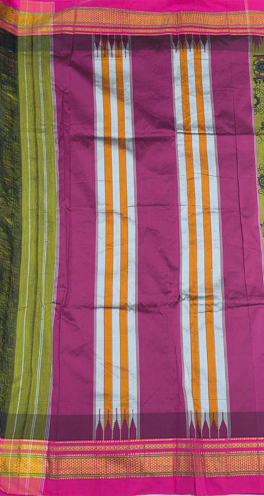 Green Kalamkari Cotton Saree with pink Zari Border