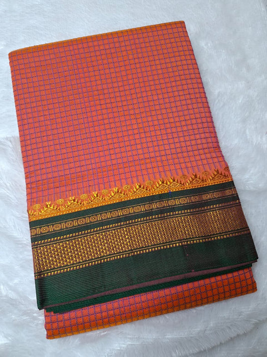 Coral Orange thread chaduranga Ilkal with Gadwal  Deep Bottle Green Border