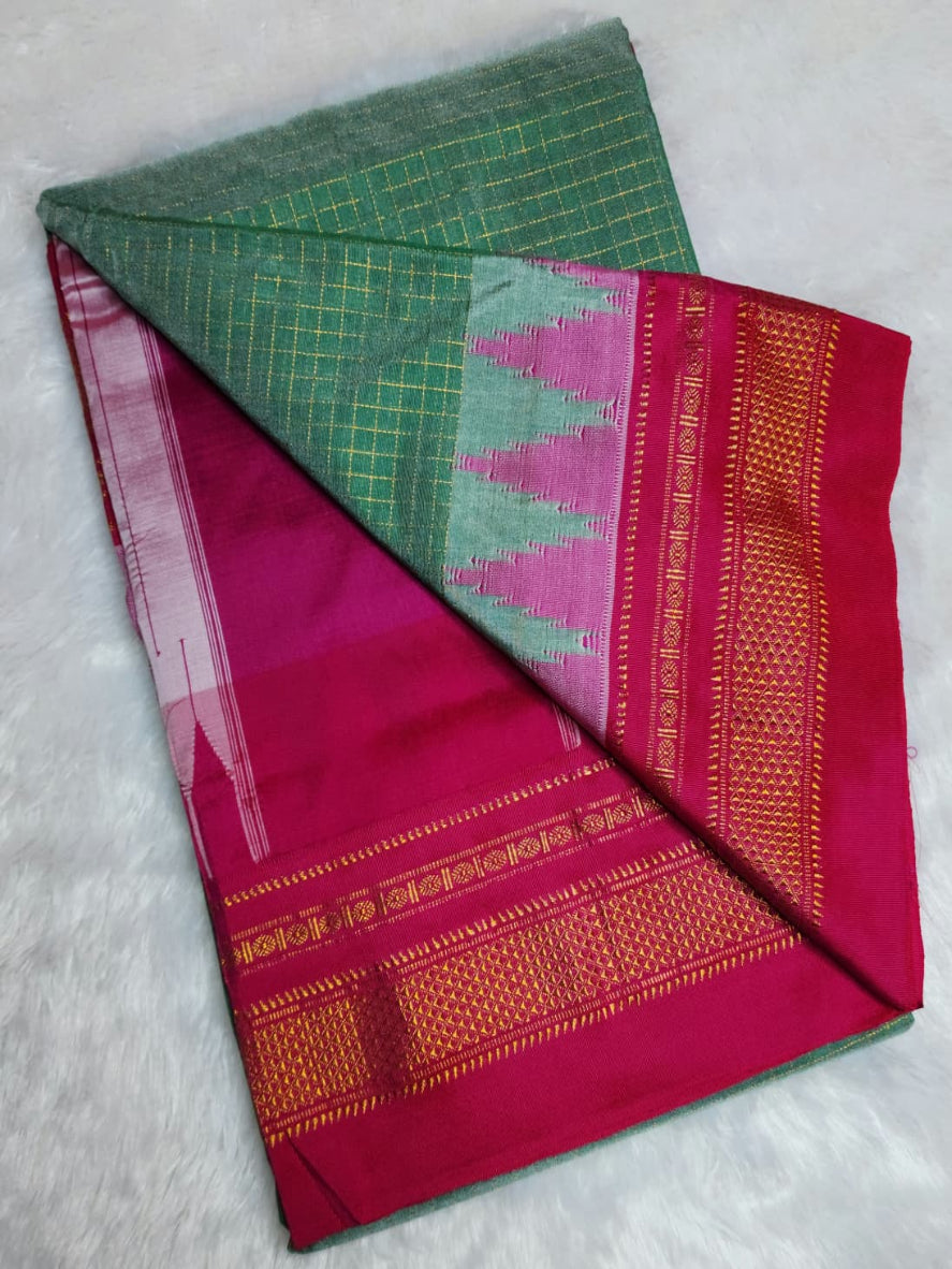 Sea Green & Rani Pink Jari Chadarang Ilkal Saree