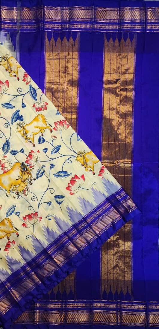 Soft Cream Ilkal–Kalamkari Floral print Fusion Saree
