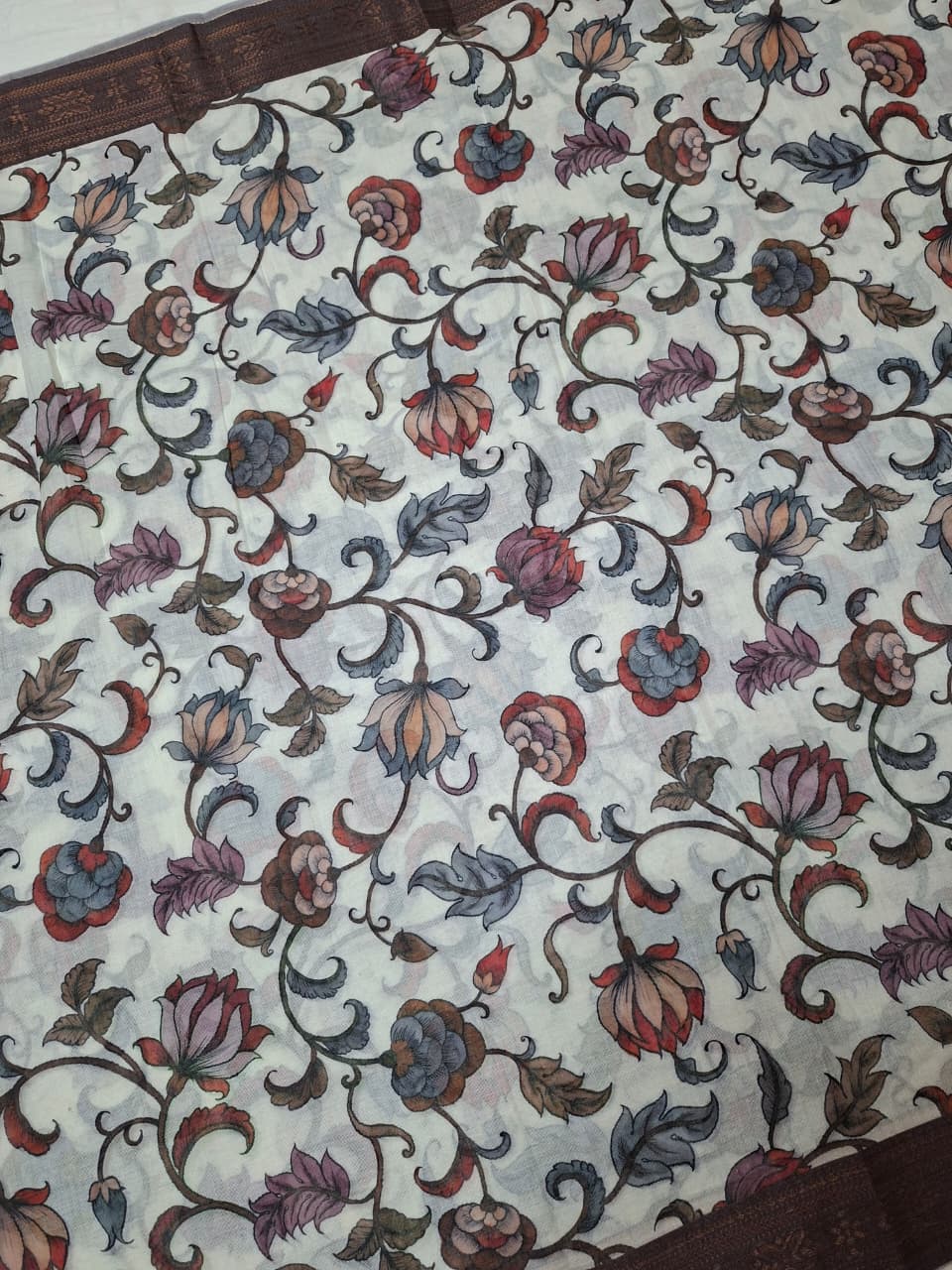 Off White & Brown Cotton- flower Kalamkari Saree