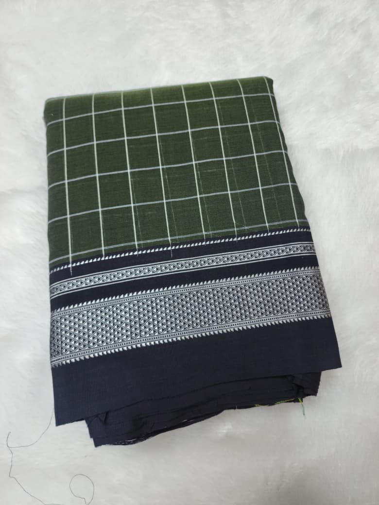 Olive Green Ilkal Cotton Handloom Checks Saree