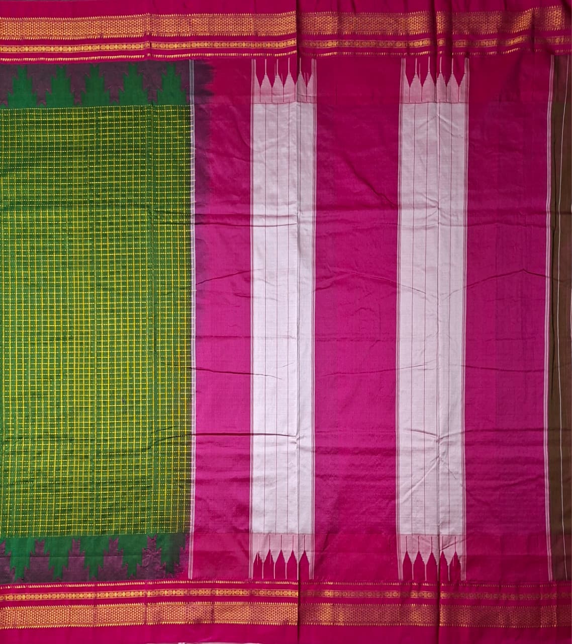Bottle Green Gadwal Chaduranga Ilkal Cotton Saree with Contrast Zari Border & Pallu