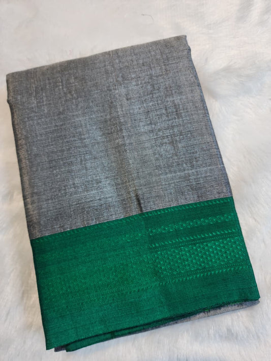 Grey Ilkal Viscose Handloom Saree with Silk Pallu & chikki Paras Border