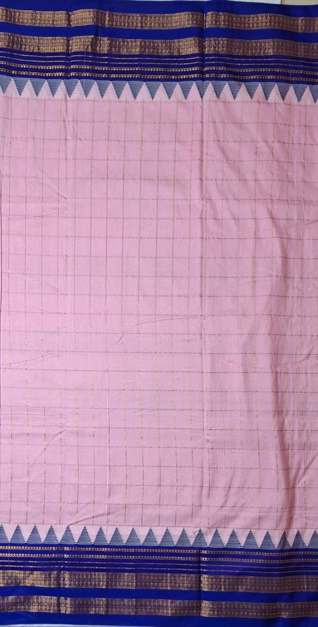 Blush Pink Big Checks Ilkal Saree with Royal Blue Big Border