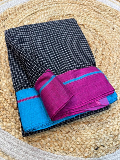 Black - Blue Pink Ilkal handloom Patteda Anchu Saree