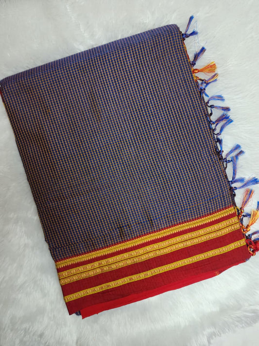 Deep navy checkered Ilkal Cotton Saree
