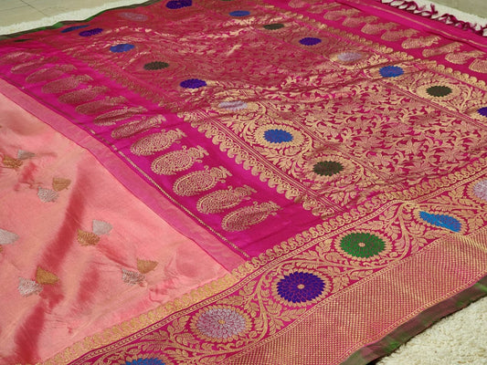 Pure Gadwal Silk Saree – Peach Rose with Rani Pink Zari Border