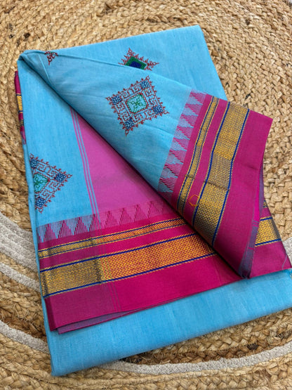 Sky Blue flower Ilkal Kasuti Cotton Saree