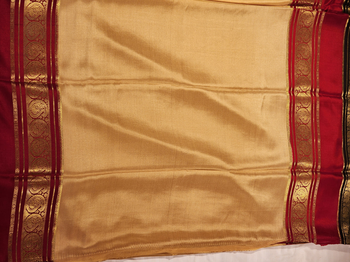 Golden Beige & Maroon Mysore Silk Saree with Zari Borders