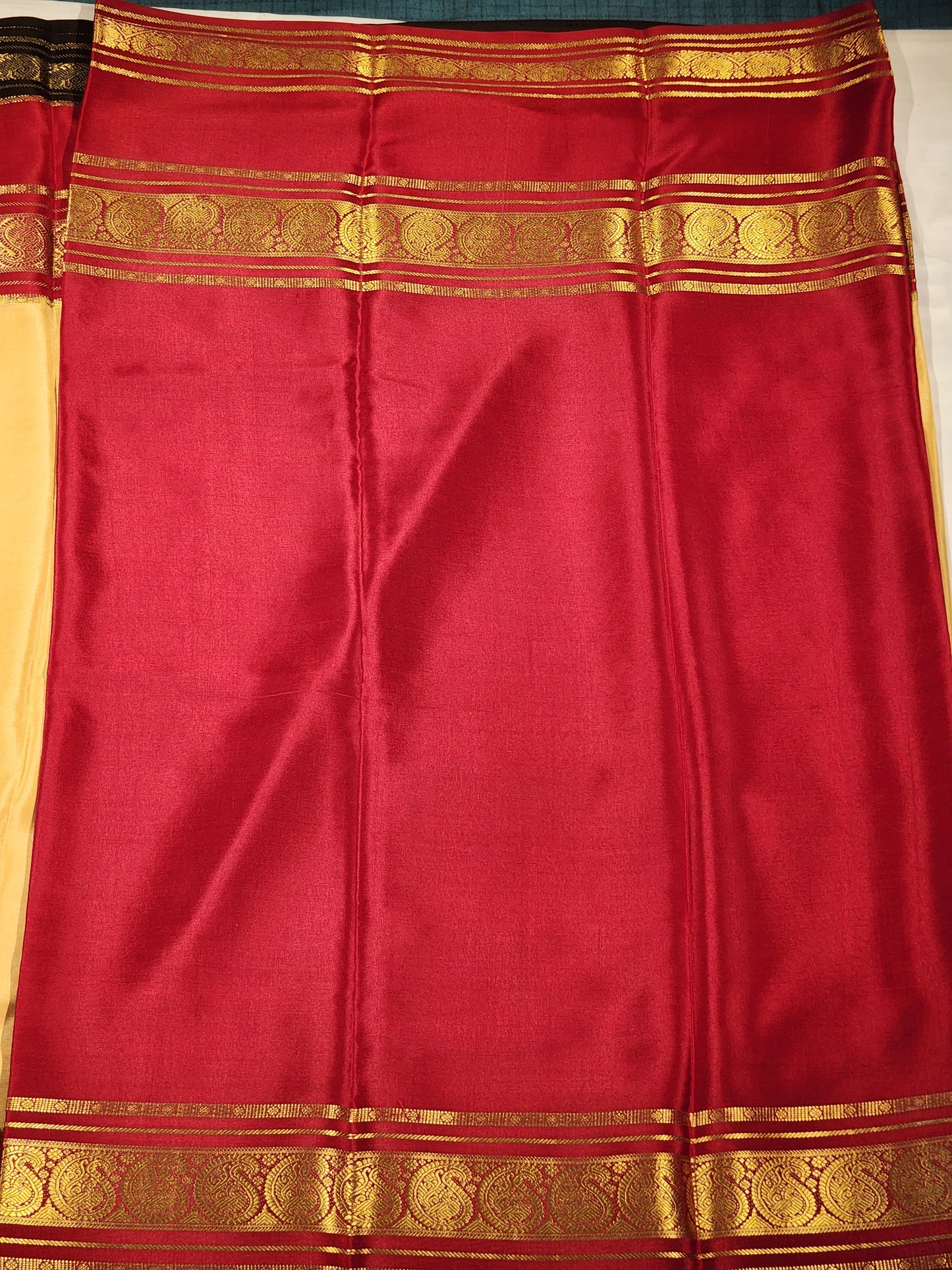 Golden Beige & Maroon Mysore Silk Saree with Zari Borders
